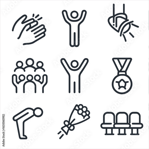 Standing Ovation Icons. Outline icon set of standing ovation: clapping hands, standing figure, stage spotlight, cheering crowd,