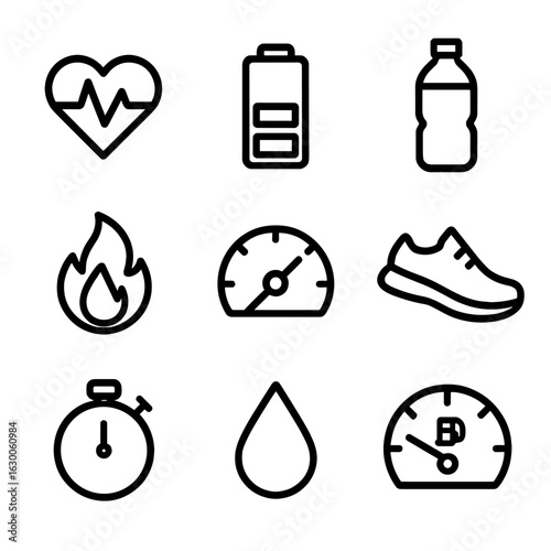 Stamina Metrics Icons. Outline icon set of stamina metrics: heart rate, energy bar, hydration, calories burned, pace meter,