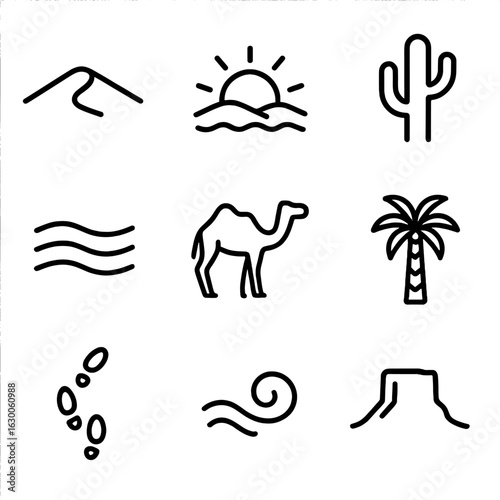Desert Sunrise Icons. Outline icon set of desert sunrise: sand dune silhouette, sun rising over dunes, cactus outline, mirage wave