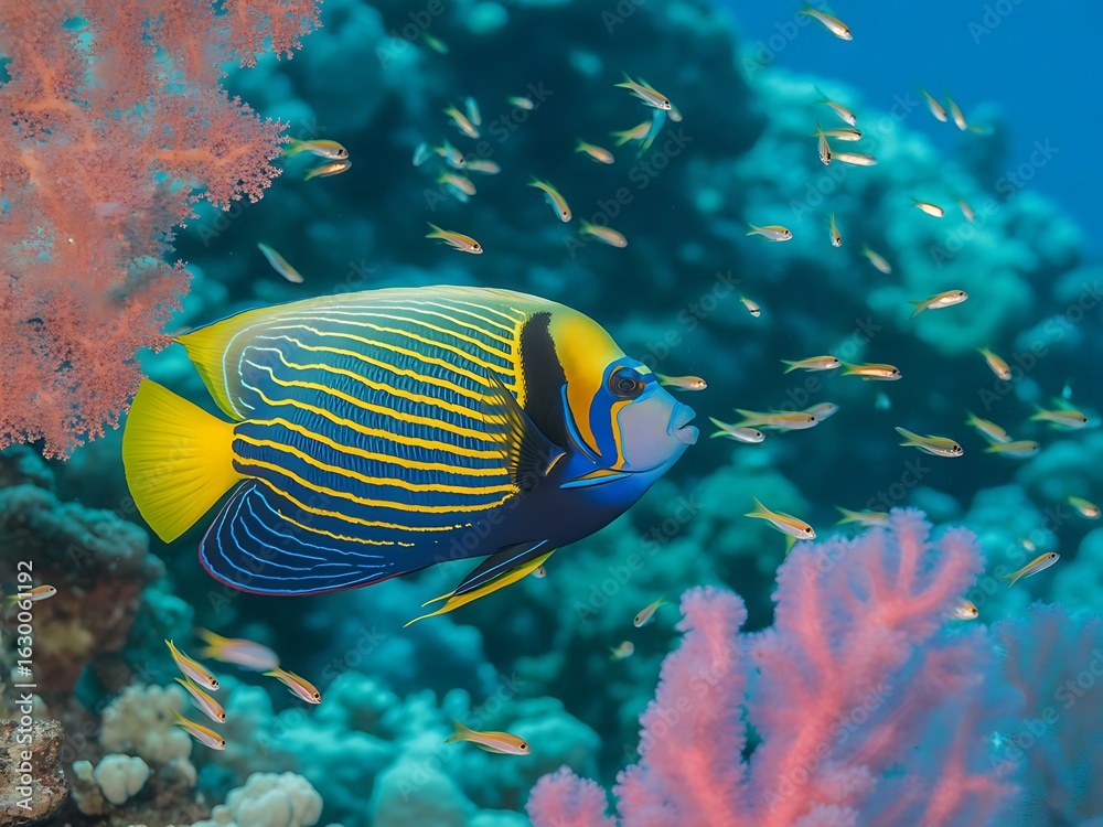Naklejka premium Emperor angelfish swimming gracefully among colorful coral reefs in clear blue water