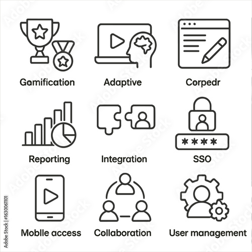 LMS Features Icons. Outline icon set of LMS features: gamification, adaptive learning, course builder,