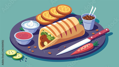 Still life of a shawarma wrap with sauces and sliced oranges on a dark plate in a light background
