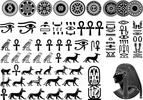 Collection of ancient egyptian hieroglyphs symbols and iconic imagery including the eye of horus ankh and various animals