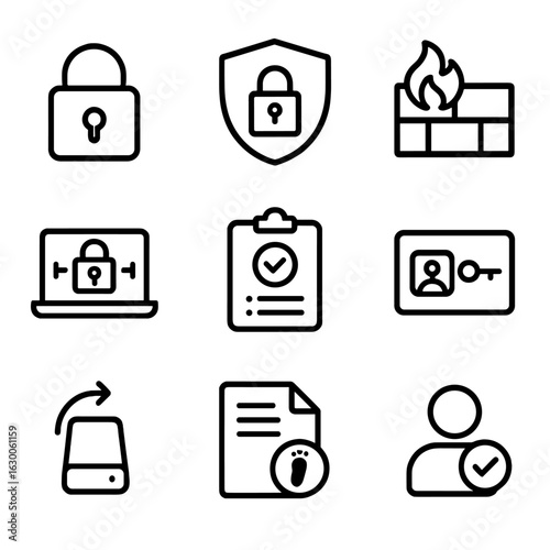 LMS Security Icons. Outline icon set of LMS security and privacy: lock, shield, firewall, encryption,