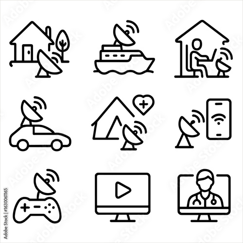 Starlink Icon Set. Outline icon set of Starlink application scenarios: rural internet, maritime connectivity, remote office,