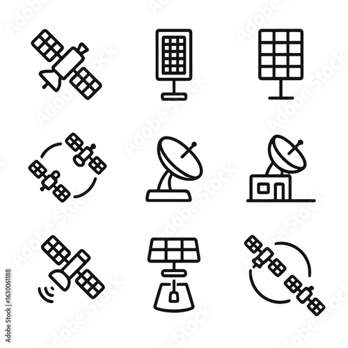 Starlink Satellite Icons. Outline icon set of Starlink satellites: low Earth orbit satellite, phased array antenna, solar panel,