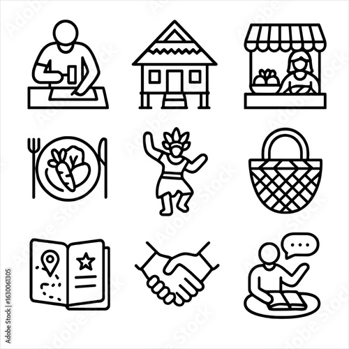 Local Culture Icons. Outline icon set of Local Culture and Eco-tourism: artisan craft, traditional house,