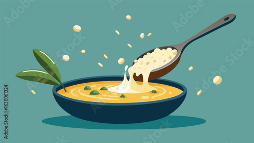 Illustration of a bowl of soup with a spoon pouring creamy topping and green leaves beside it
