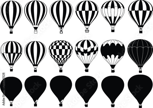 Collection of diverse hot air balloon illustrations in black and white with various patterns and solid silhouettes