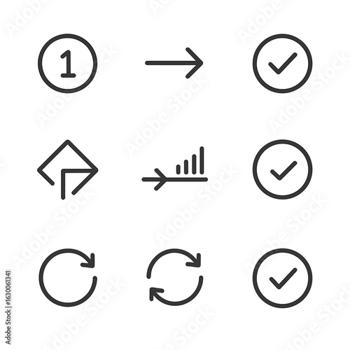 Step Process Icons. Outline icon set of step process: first step, next step, final step, decision step, progress step, check step,