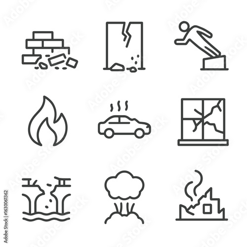 Devastation Icons Set. Outline icon set of devastation and chaos: crumbled bricks, broken wall, toppled statue, fire flame,