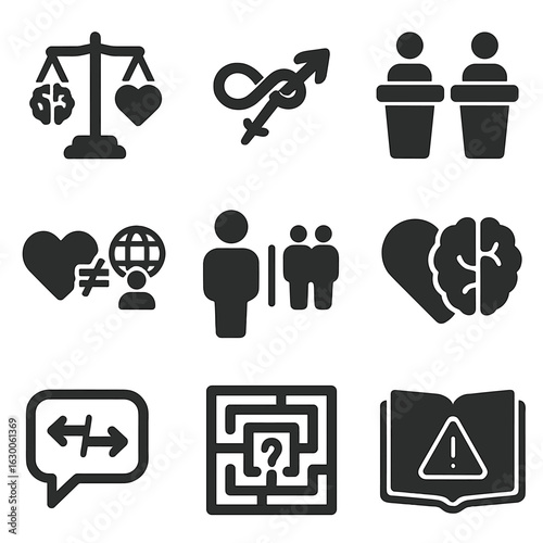 Logic and Values Icons. Solid, filled icons set of logic and values conflict: scale with brain and heart,