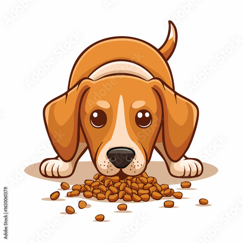 A playful vector illustration of a cute dog happily eating kibbles from a food bowl, depicted in a colorful and minimal cartoon style with clean lines, friendly features, and joyful energy
