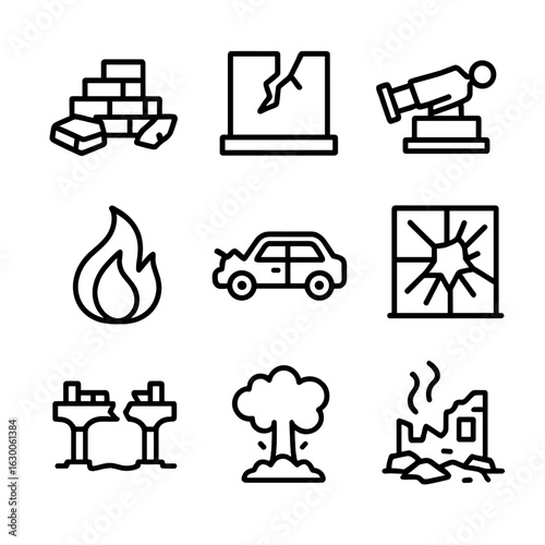 Devastation Icons Set. Outline icon set of devastation and chaos: crumbled bricks, broken wall, toppled statue, fire flame,