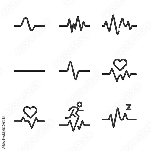 Heartbeat Icon Set. Outline icon set of heartbeat variations: slow heartbeat, fast heartbeat, irregular heartbeat, flatline,