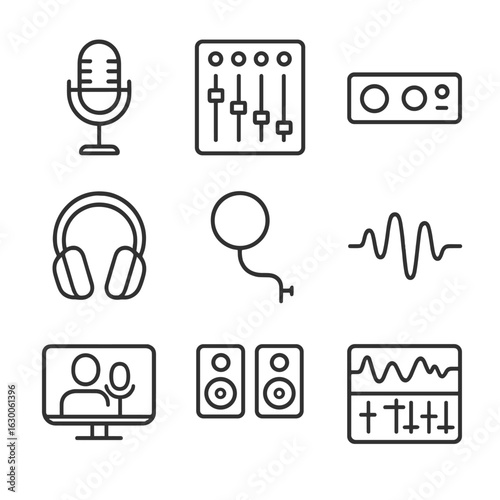 Stereo Equipment Icons. Outline icon set of stereo recording equipment: microphone, mixing console, audio interface, headphones,