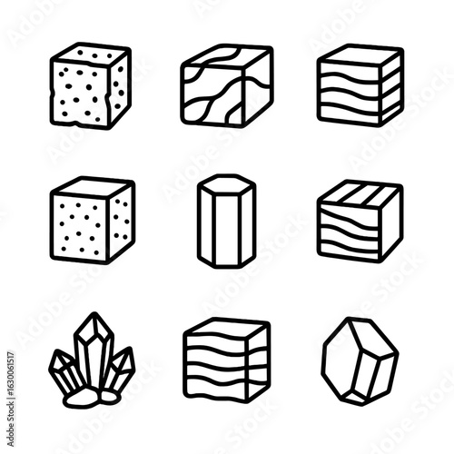 Stone Type Icons. Outline icon set of stone types: granite, marble, sandstone, limestone, basalt, slate, quartz, travertine,