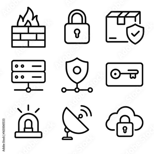 Logistics Security Icons. Outline icon set of digital security in logistics: firewall, lock, package, server,