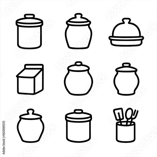 Stoneware Icons Grid. Outline icon set of stoneware storage items: stoneware canister, stoneware jar, butter crock, salt box,