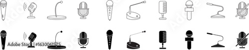 Microphone icon set. Different microphone collection. Podcast mike, journalist microphone, karaoke, conference.