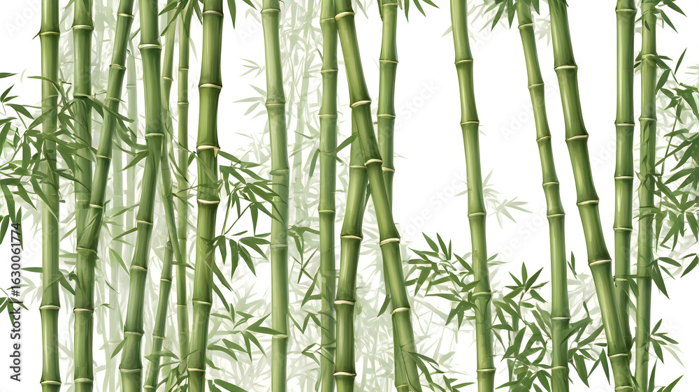 Fototapeta premium Dense green bamboo stalks with segmented nodes and leafy sprigs on white background, natural minimalist botanical texture