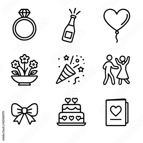 Love Icons Grid. Outline icon set of love and celebration: engagement ring, champagne bottle, heart balloon,