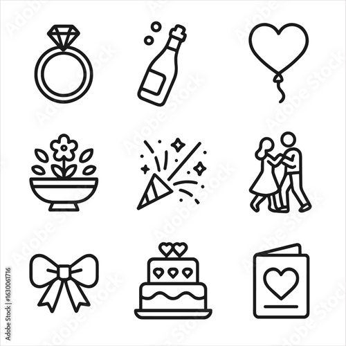 Love Icons Grid. Outline icon set of love and celebration: engagement ring, champagne bottle, heart balloon,