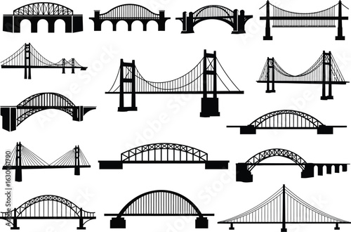 Collection of diverse bridge silhouettes showcasing various architectural styles and engineering designs