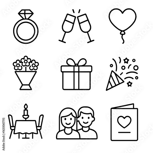 Love Party Icons. Outline icon set of love and engagement parties: engagement ring, champagne toast, heart