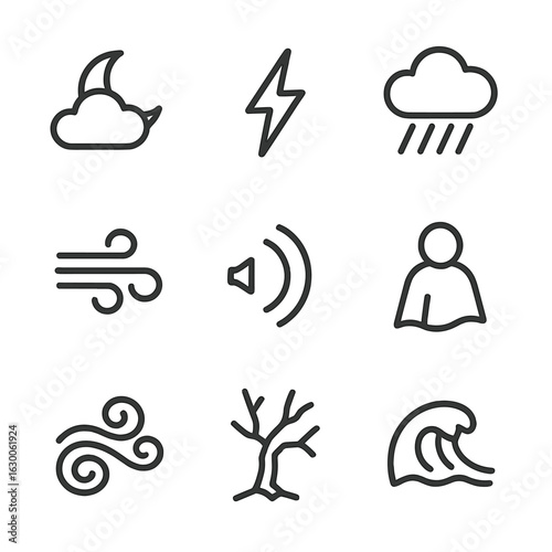 Stormy Night Icons. Outline icon set of stormy night: crescent moon behind clouds, lightning fork, heavy rain, gust of wind,