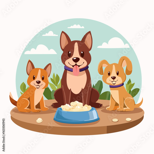Vector illustration icon of a cheerful group of happy dogs eagerly waiting around a food bowl, tails wagging and tongues out, capturing a joyful and heartwarming feeding moment in cartoon style