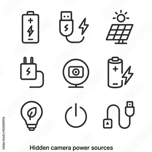Hidden Camera Power Icons. Outline icon set of hidden camera power sources: rechargeable battery, USB charging, solar panel, power