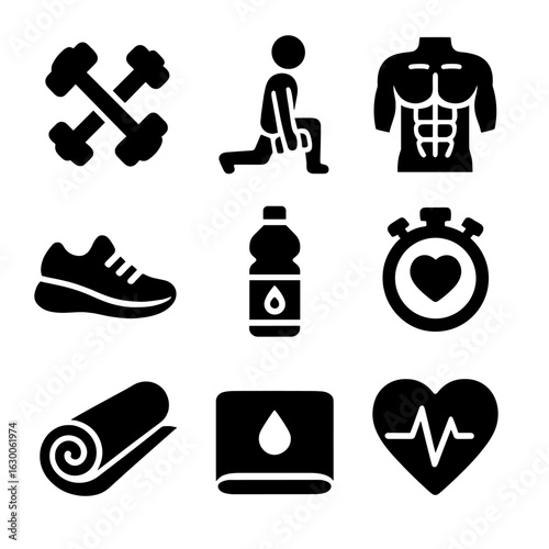 Lunges Workout Icons. Solid, filled icons set of lunges with dumbbells workout: dumbbells, lunges, muscle