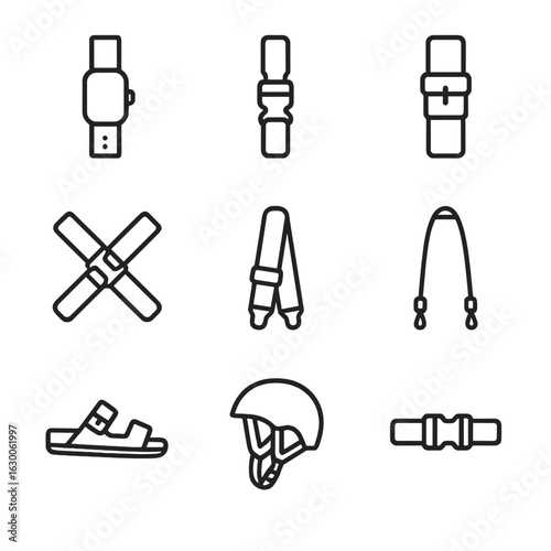 Straps Icon Set. Outline icon set of straps and fasteners: watch strap, backpack strap, belt, seatbelt, guitar strap, camera strap