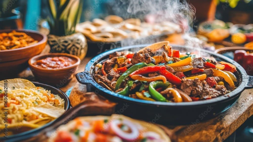 Fototapeta premium Hearty Mexican feasta large bowl of sizzling fajitas or stir-fried vegetables, steaming hot, colorful peppers, onions, and tender meat, served on a wooden table with various spices, sauces, and garnis