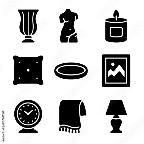 Luxury Decor Icons. Solid, filled icons set of luxury home decor presents: crystal vase, marble sculpture,