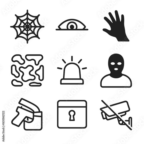 Hidden Dangers Icons. Outline icon set of hidden dangers: spider web, lurking eye, shadow hand, camouflage, silent alarm, masked