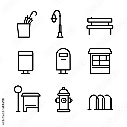 Street Accessories Icons. Outline icon set of street accessories: umbrella stand, streetlight, bench, public bin, post box,