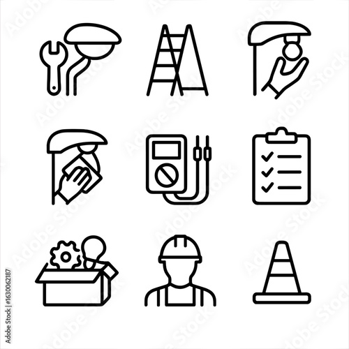 Streetlight Maintenance Icons. Outline icon set of streetlight maintenance: wrench and lamp head, ladder leaning, bulb replacement