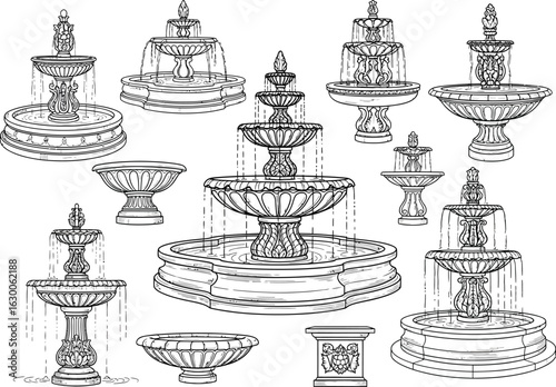 Collection of ornate classical tiered stone fountains with intricate carvings and decorative basins in an artistic sketch style