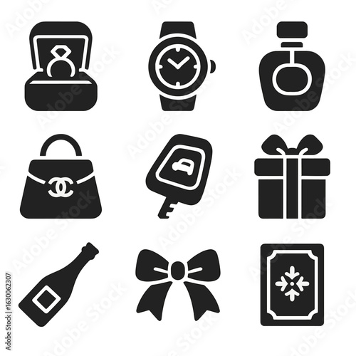 Luxury Gift Icons. Solid, filled icons set of luxury presents: diamond ring box, gold watch, perfume bottle,
