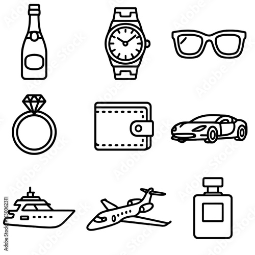 Luxury Lifestyle Icons. Outline icon set of luxury lifestyle symbols: champagne bottle, gold watch, designer
