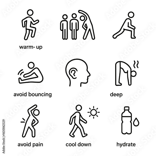 Stretching Safety Icon Set. Outline icon set of stretching safety tips: warm-up, gradual intensity, proper form, avoid bouncing,
