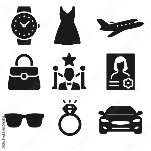 Luxury Lifestyle Icons Grid. Solid, filled icons set of luxury lifestyle: luxury watch, cocktail dress,