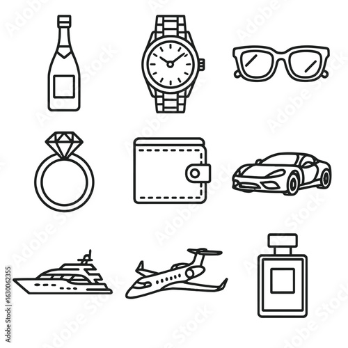 Luxury Lifestyle Icons. Outline icon set of luxury lifestyle symbols: champagne bottle, gold watch, designer