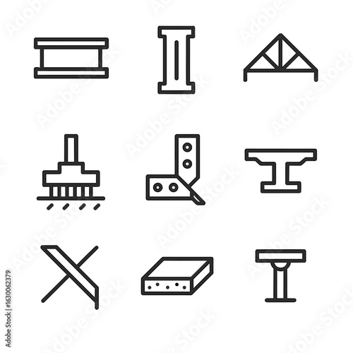Structural Icons Grid. Outline icon set of structural engineering elements: beam, column, truss, foundation, joint, girder, brace,