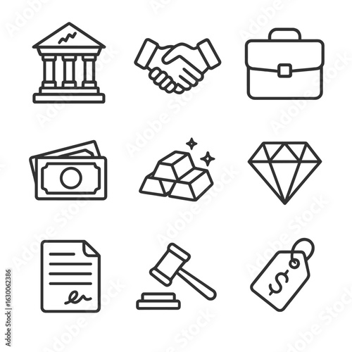 Luxury Market Icons. Outline icon set of luxury market trading: stock exchange, handshake, briefcase, cash