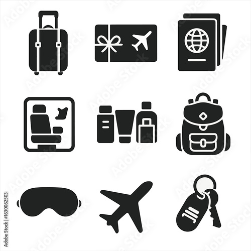 Luxury Travel Icons. Solid, filled icons set of luxury travel gifts: leather luggage, travel voucher, passport