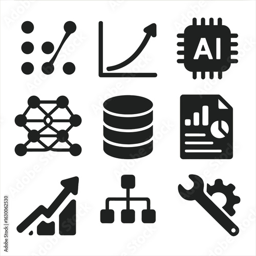 Machine Learning Icons. Solid, filled icons set of machine learning analytics: data points, forecast curve, AI