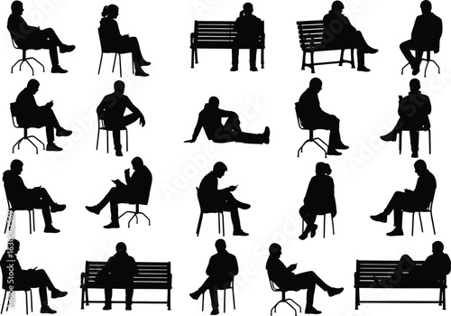 Collection of diverse silhouette figures of people sitting in various poses on chairs and benches